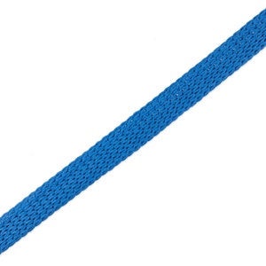 May include: A close-up of a blue woven ribbon.
