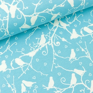 Cotton jersey birdie on the branch white-light turquoise (12.90 EUR/meter)