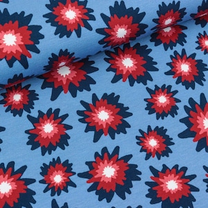 Cotton jersey Amsterdam flowers colorful on smoke blue by Lila-Lotta FS19 (17.50 EUR/meter)