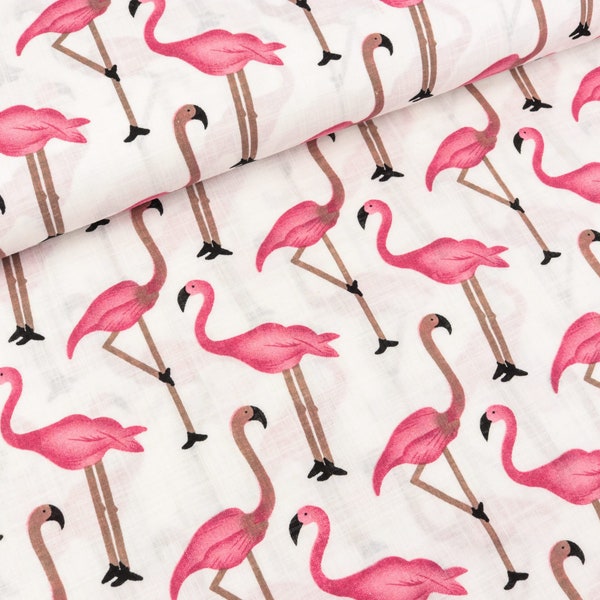 Coton-viscose imprimés flamants roses sur blanc (13,50 EUR / mètre)