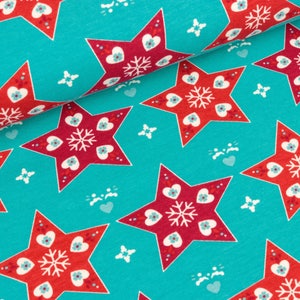 Estrella de alegría de Jersey de algodón en adorno turquesa invierno (15.90 euros / metro)