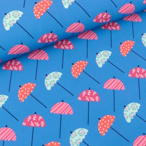 Swim & Sport Knit Summer Breeze umbrellas colorful on blue (15.90 EUR/meter)