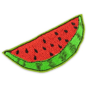May include: A red watermelon slice with black seeds, embroidered on a green fabric patch.