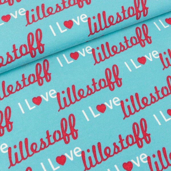 Cotton jersey I love Lillestoff red-white on turquoise (19.90 EUR/meter)
