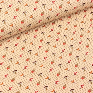Steinbeck cotton jersey Woody mushrooms, acorns and berries on cream with light brown dots (15,90 EUR / meter)