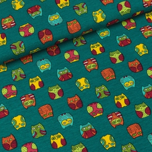 Cotton Jersey small owls on petrol (14,00 EUR / meter)