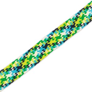 May include: A close-up of a green, blue, white, and black braided cord. The cord has a geometric pattern.