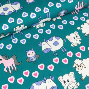 Cotton Jersey Kimi animals and heart on petrol (15,50 EUR / meter)