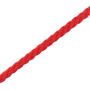 May include: A close-up of a red braided rope against a white background.