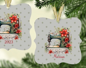 May include: Two gray and white polka dot Christmas ornaments with a vintage sewing machine design. One ornament has the year 2023 printed on it, and the other ornament has the name Marissa printed on it.