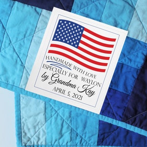 American Flag quilt label in Cotton or Polyester. This is a single label. We add the the name of the recipient, date and the your name