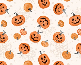 Tela de colcha de Halloween con calabaza sobre color crema de Wilmington Prints