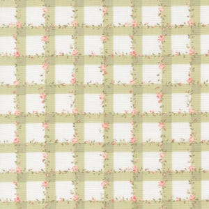 May include: A fabric with a repeating pattern of light green and white checkered squares. Delicate pink roses and green leaves are arranged along the grid lines, creating a floral and geometric design. The fabric has a soft, vintage aesthetic.