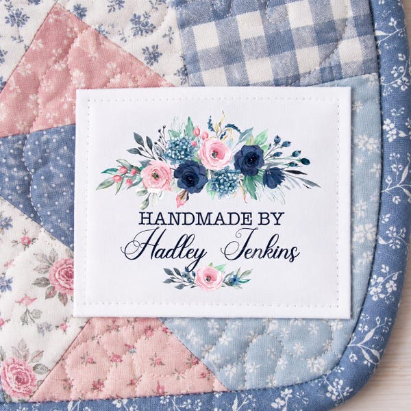 Personalized Quilt Label, Blue Floral Quilt Label, Handmade By Quilt Label, Custom Quilt Label with Name, Quilting Label Sheet, Quilter Gift