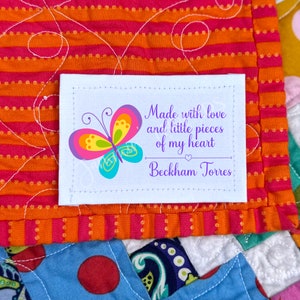 Made with Love and Little Pieces of My Heart. Butterfly Quilt Labels personalized with the name of the maker on cotton or polyester fabric