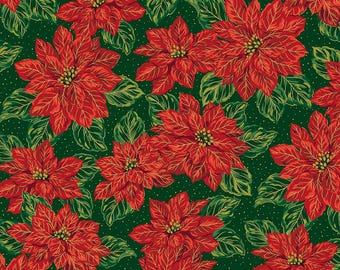 Poinsettias at Christmas Quilt Fabric Main Green Foil CF17630-GREEN
