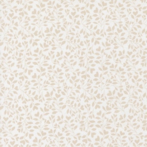 May include: A seamless fabric pattern featuring a delicate design of beige-colored leaves and heart-shaped elements on a white background. The pattern is evenly distributed across the fabric, creating a soft and romantic aesthetic.