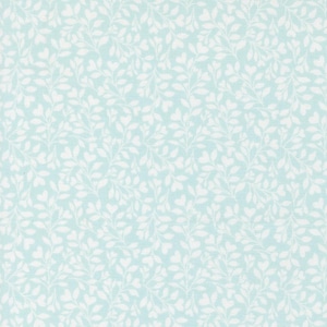 May include: A light blue fabric with a repeating pattern of white leaves and heart-shaped elements. The design creates a delicate, all-over floral texture, suitable for various crafting and sewing projects. The fabric has a subtle, textured appearance.