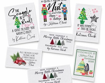 Personalized Christmas Quilt Label Assortment, Set of 7 Holiday Quilt Labels, Custom Handmade By Quilt Tags, Christmas Quilt Gift Labels