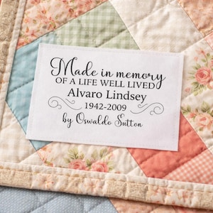 Personalized Memorial Quilt Label, In Memory Quilt Tag, Custom Name & Dates Label, Remembrance Quilt Label, Sewing Label for Quilt Back