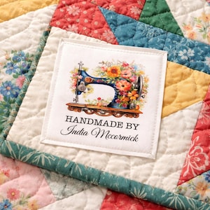 Personalized Quilt Labels – Vintage Sewing Machine Floral Design – Handmade By Custom Name Tags – Set of 6 Fabric Labels for Quilts