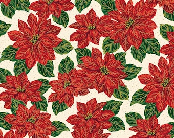 Poinsettias at Christmas Quilt Fabric Main Cream Foil CF17630-CREAM
