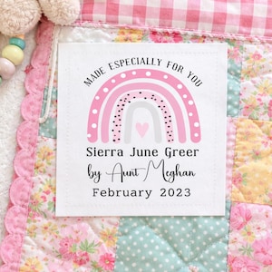 Personalized Baby Quilt Label with Pink Rainbow, Made Especially for You Quilt Label, Custom Name Date Maker Tag, Baby Quilt Label
