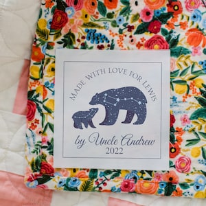 Cotton or Polyester Quilt Labels personalized for a special quilt. This is a single label. With the year, recipient&#39;s name, the maker&#39;s name