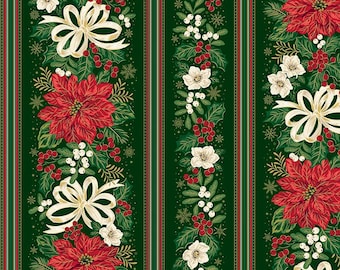 Poinsettias at Christmas Quilt Fabric Border Strip Black Foil CF17637-GREEN