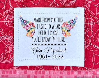 Memory quilt label is available in sew-on form in cotton or polyester. Personalized with your loved one's name and dates of life