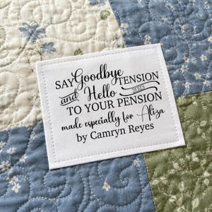 Personalized Retirement Quilt Label, Say Goodbye to Tension Hello to Pension, Custom Quilt Tag, Handmade Retirement Gift Label