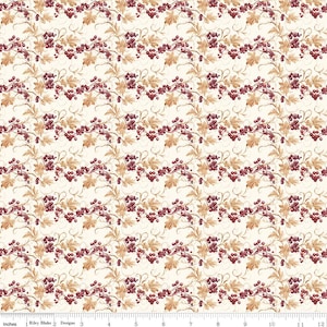 May include: Cream-colored fabric with a repeating pattern of burgundy berries, tan leaves, and curling vines. The design is a botanical print, with the text "Riley Blake Designs" at the bottom.