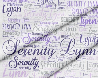 Any name or words. No limit/Personalized Fabric Panel/Custom fabric/12x18&quot; panel printed on white with purples and gray