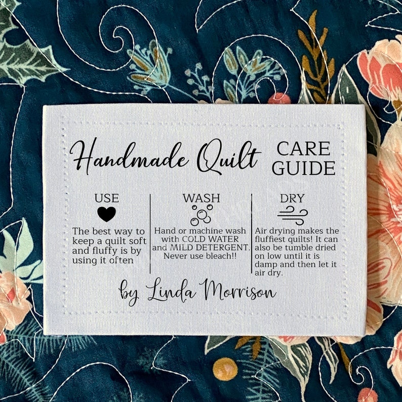 use wash dry quilt care guide quilt label, cotton sew on or polyester quilt label, personalized quilt care guide quilt label. By Jammin' Threads