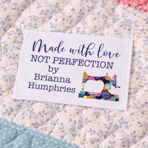 Made With Love Not Perfection Quilt Label, Personalized Quilt Tag with Sewing Machine, Custom Quilt Labels, Quilt Maker Label