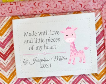 Baby girl quilt labels in Cotton or Polyester and personalized with your name. This set of 6 labels is available in sew on form.