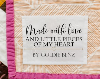 Made with love and pieces of my heart. These cute quilt labels are available in cotton or polyester with sew-on backing