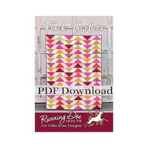 Pode incluir: Um padrão de quilt para download em PDF chamado "Flock Together" de Running Doe Quilts para Villa Rosa Designs. O quilt apresenta um padrão chevron em rosa, vermelho, amarelo e verde.