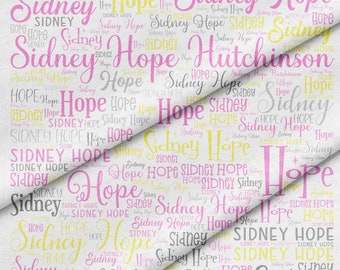 Custom fabric panel in pink, yellow and gray. 12 x 18&quot; Name fabric. Any name or words