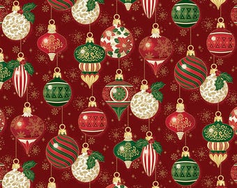 Poinsettias at Christmas Quilt Fabric Ornaments Red Foil CF17631-RED.