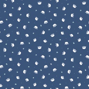 May include: A navy blue fabric with a repeating pattern of white sheep and small blue floral accents. The sheep are depicted in a simple, cartoonish style, scattered across the background.