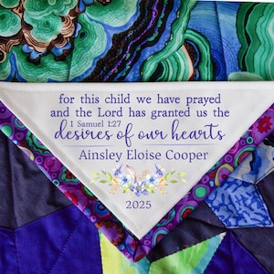 Corner Quilt Labels personalized for you on cotton fabric in sew on and measuring approximately 5 x 5&quot;
