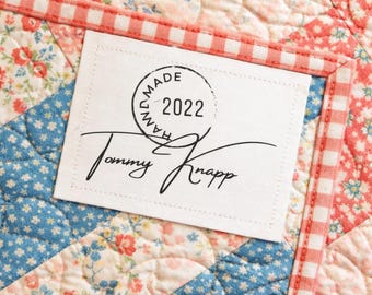 Personalized Quilt Labels Vintage Postmark Style, Handmade By Quilt Tag with Name and Year, Custom Fabric Labels, Set of 8