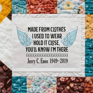 Personalized Memory Quilt Label with Angel Wings – “Made From Clothes I Used to Wear” Memorial Quilt Label – Custom Remembrance Quilt Tag