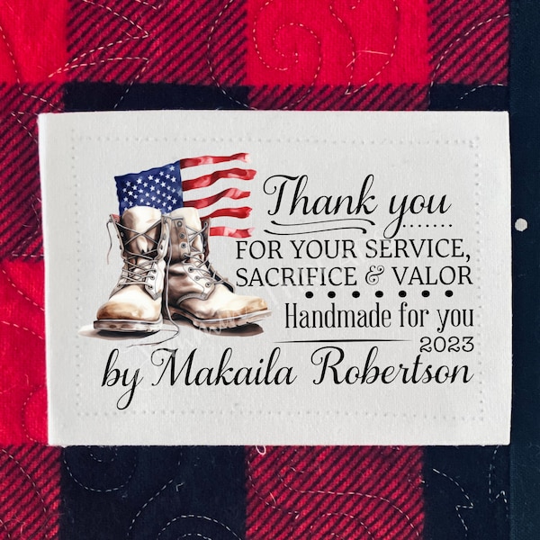 Thank you for your Service, Sacrifice and Valor - Personalized Patriotic Quilt Labels. Sheet of 4 Labels each measuring 3x2" on White Cotton