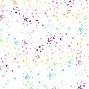 May include: A white fabric featuring a repeating pattern of small, colorful swallows in flight, interspersed with various sizes of multi-colored stars, circles, and dots in shades of yellow, green, blue, purple, pink, and orange.