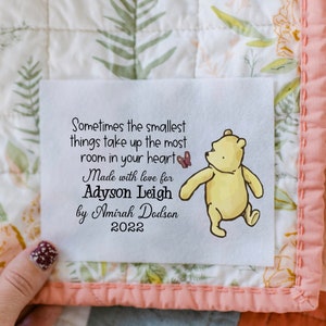 Baby Quilt Label sin Cotton or Polyester. Personalized for you. This is a single label measuring approximately 4 x 2.25" with fabric options