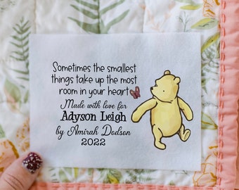 Baby Quilt Label sin Cotton or Polyester. Personalized for you. This is a single label measuring approximately 4 x 2.25" with fabric options