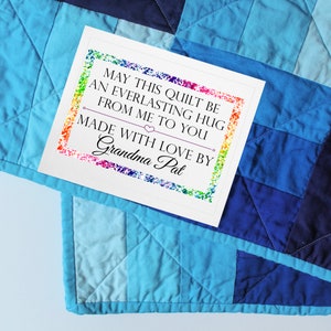 Colorful quilt labels personalized with your name on either cotton or polyester and sew on backing. machine wash and dry