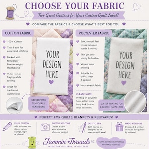 Puede incluir: Gr&aacute;fico informativo que compara telas de algod&oacute;n y poli&eacute;ster para etiquetas de edredones personalizadas. Incluye detalles de la tela, una etiqueta de muestra con "YOUR DESIGN HERE" e iconos para personalizaci&oacute;n, fotos y costura f&aacute;cil. El texto dice "CHOOSE YOUR FABRIC."